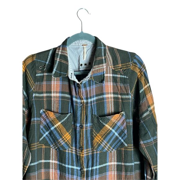 Free People Women’s M Plaid Button Down Shirt Top Linen Cotton Blend Boho - Picture 2 of 6